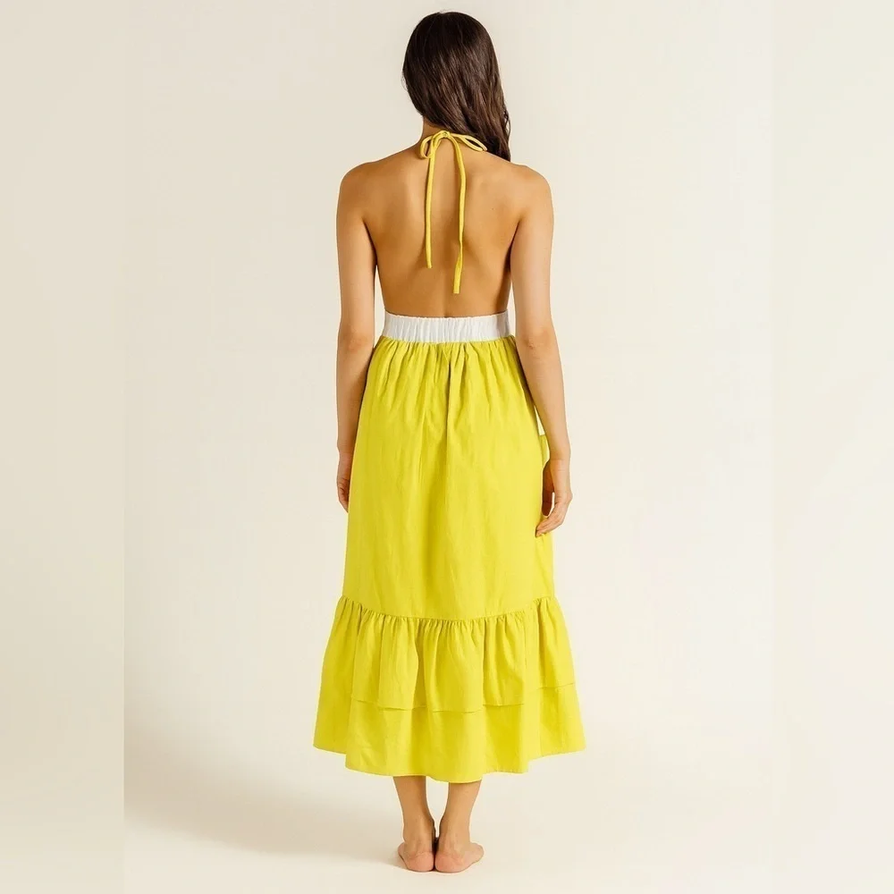 Fanm Mon Yamile 100% Linen Floral Embroidered Halter Midi Dress Mustard Lime NWT